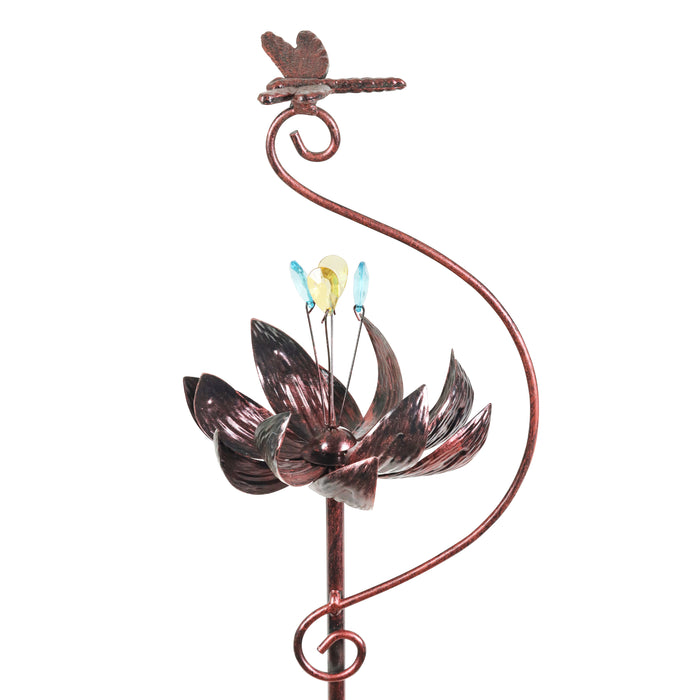 Kinetic Lotus with Dragonfly Bronze Spinner Garden Stake, 8 by 42.5 Inches