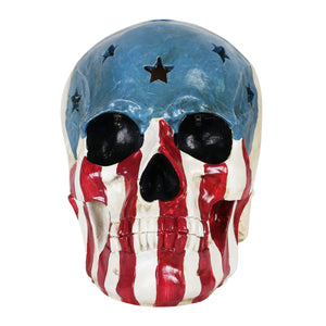 Battery-Operated Skull With USA Flag and Alternating Color LEDs, 8 Inch | Shop Garden Decor by Exhart
