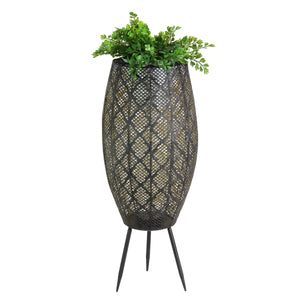 Black Metal Filigree Planter with 30 LED lights on a Battery Operated Timer, 27 Inches tall | Shop Garden Decor by Exhart