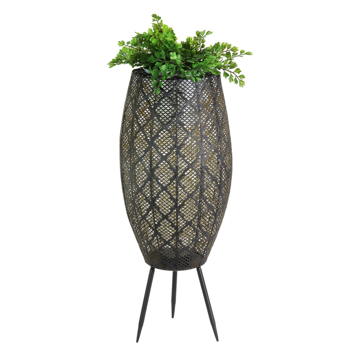 Black Metal Filigree Planter with 30 LED lights on a Battery Operated Timer, 27 Inches tall