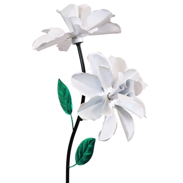 Double Rose Flower Wind Spinner Garden Stake Hand Painted in Metallic White, 10 by 39 Inches