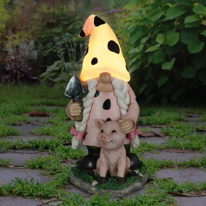Solar Lady Gnome with Pink Print and Piglet Statue, 6 by 10 Inches