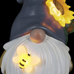 Solar Hand Painted Garden Gnome Statue with Glowing LED Sunflower Hat and Bumblebee, 5.5 by 9 Inches | Exhart