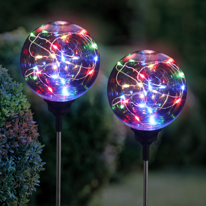 2 Piece Solar Ball Garden Stakes with 20 Multi Color Firefly Lights, 4 by 31 Inches