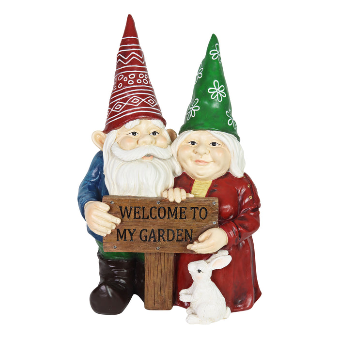 Solar Pastel Garden Gnome Couple with LED Welcome Sign Statuary, 15 by 23 Inches