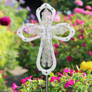 Large Acrylic and Metal Solar Cross Garden Stake with LED lights, 6.5 by 39 Inches | Shop Garden Decor by Exhart