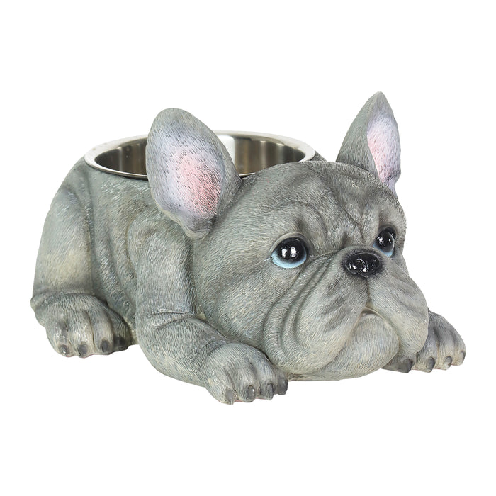 Grey French Bulldog Bowl with Stainless Bowl Insert, 12 by 6 Inches