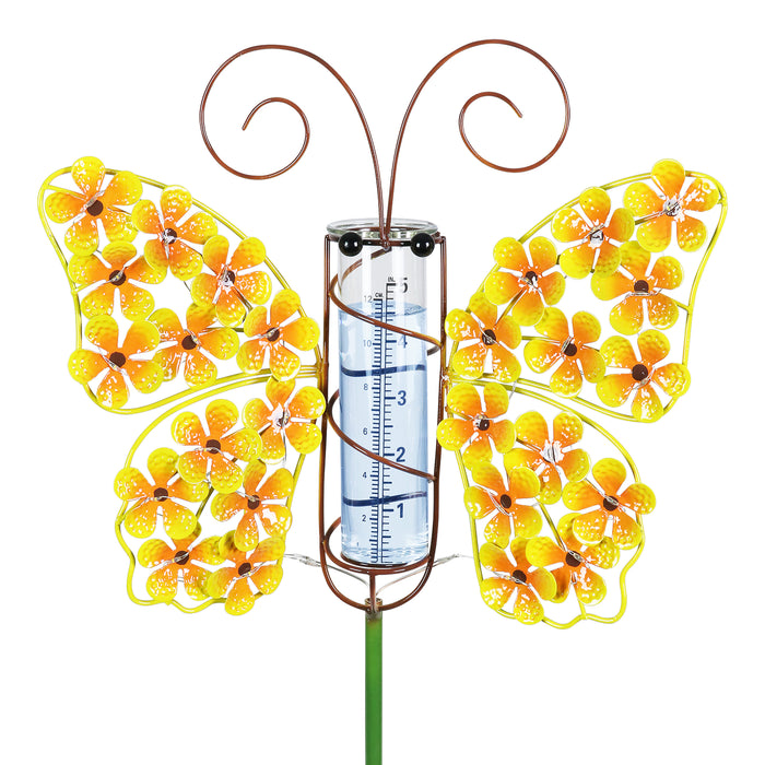 Solar Metal and Glass Yellow Butterfly Rain Gauge Garden Stake, 12 by 40 Inches