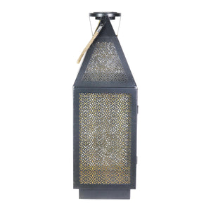 Black Metal Filigree Lantern with Fifty LED Lights on a Battery Timer, 22 Inch | Shop Garden Decor by Exhart