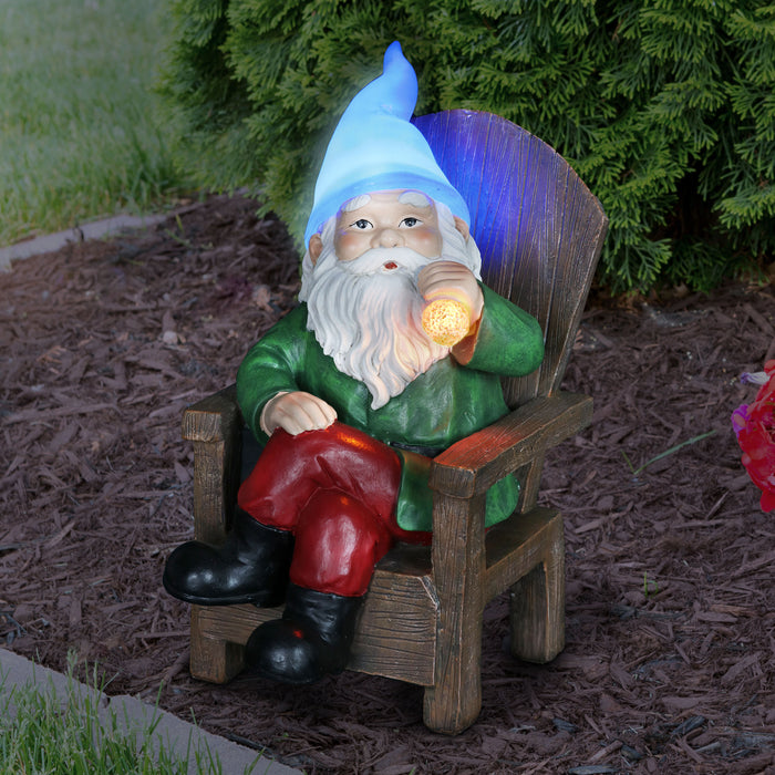 Solar Good Time Smoking Sam Gnome in Adirondack Chair Garden Statuary, 8.5 by 10.5 Inches
