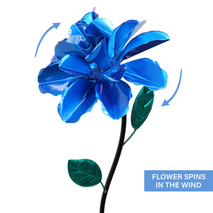 Rose Flower Wind Spinner Garden Stake, Hand Painted in Metallic Blue, 8 by 39 Inches | Shop Garden Decor by Exhart