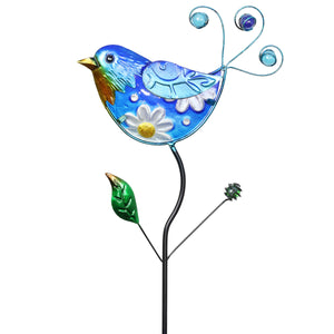 Exhart Hand Painted Glass and Metal Blue Bird Garden Stake, 35 inches