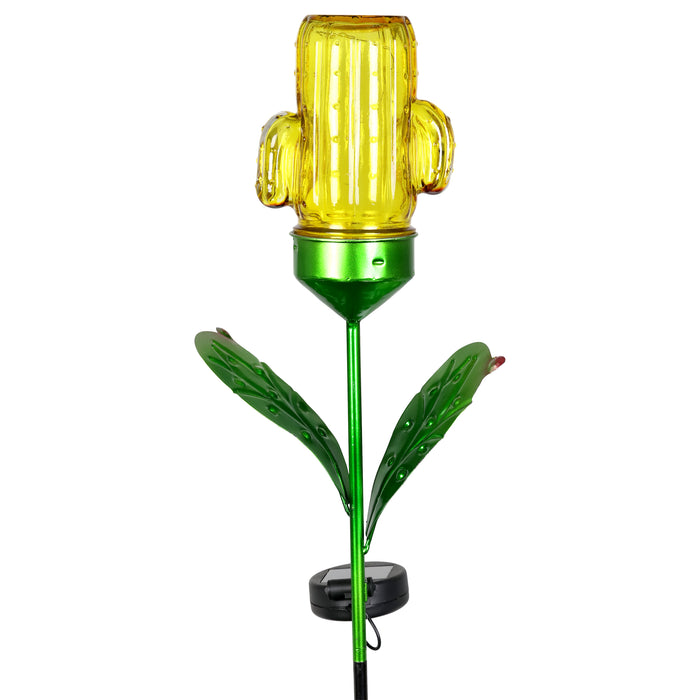Solar Yellow Cactus Garden Stake with 3 LED lights, 5 by 32 Inches