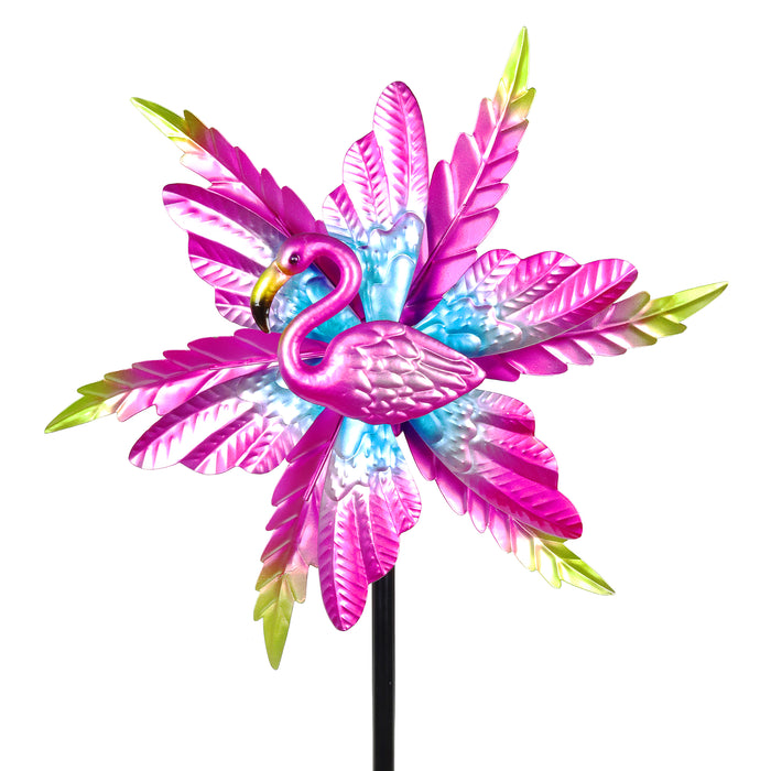 Metallic Pink Kinetic Flamingo Garden Stake with Double Spinning Feathers, 19 by 63 Inches