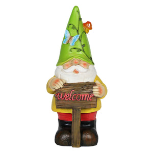 Solar Green Hat Goober Garden Gnome Statue with Welcome Sign, 10 Inch | Shop Garden Decor by Exhart