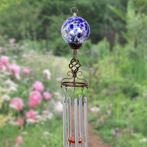 Solar Pearlized Blue Honeycomb Glass Ball Wind Chime with Metal Finial Detail, 4 by 46 Inches