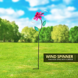 Rose Flower Wind Spinner Garden Stake, Hand Painted in Metallic Pink, 8 by 39 Inches | Shop Garden Decor by Exhart