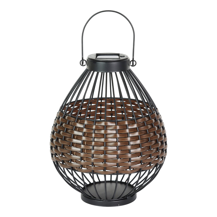 Solar Black Metal and Brown Plastic Rattan Lantern, 8.5 by 22 Inches