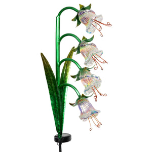Solar Iridescent Glass Garden Stake with Four Cascading White Bell Flowers, 8 by 34 Inches