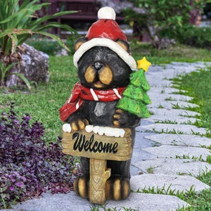 Hand Painted Holiday Bear Statue with Welcome Sign and Christmas Tree, 11.5 Inches | Shop Garden Decor by Exhart