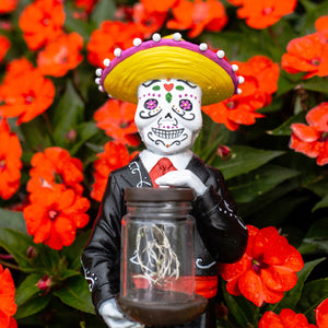 Day of the Dead Man with LED Sparkle Light Jar and Battery Powered Automatic Timer, 14 Inches tall | Exhart