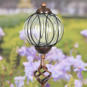 Solar Metal and Clear Glass Garden Stake with Oval Link Pattern, Finial Detail and Six LED Fairy Firefly String Lights, 4 by 32 Inches