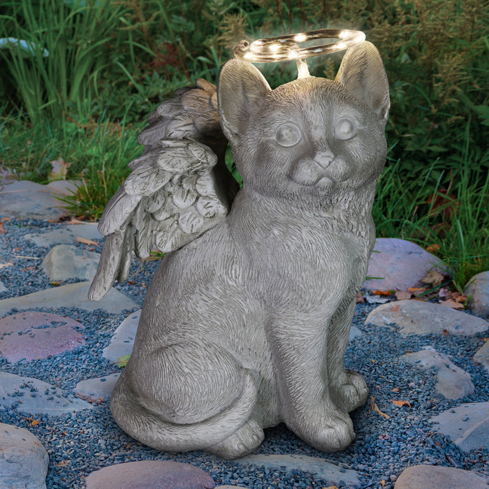 Solar Halo Cat with Angel Wings Memorial Statue, 10 Inches