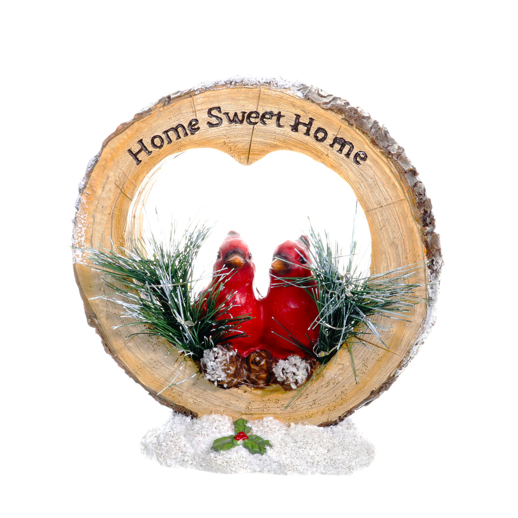 Hand Painted Home Sweet Home Christmas Cardinals Statue with LED lights on a Battery Powered Timer, 8 Inch