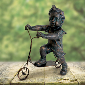Charming Boy on a Scooter Bronze Look Statue, 20 Inch