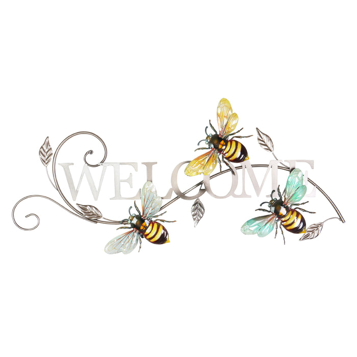 Metal Bumble Bees Welcome Sign Wall Art, 28 by 13.5 Inches