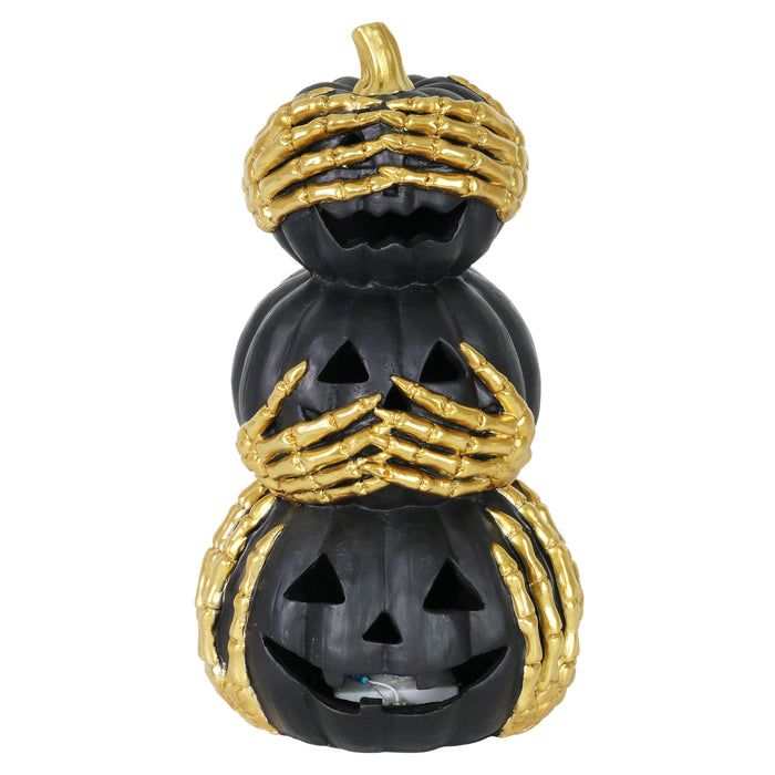 Stacked Black Jack-O-Lantern Halloween Statuary with LED Light and Battery Powered Automatic Timer, 11.5 Inches tall