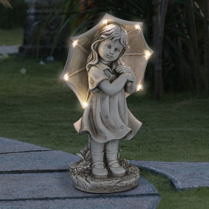 Solar Girl with Umbrella Statue in Natural Resin Finish, 19 Inch
