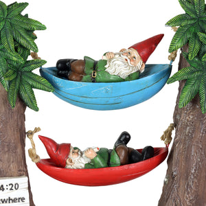 Solar Good Time Tokin' Gnomie Marijuana Smoking Gnomes on Hammocks in LED Ganja Trees Garden Statuary, 12 by 12.5 Inch | Exhart