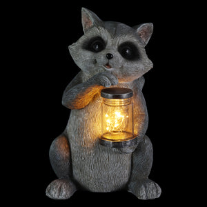 Solar Raccoon Garden Statuary with LED Firefly Jar, 10 Inches tall | Shop Garden Decor by Exhart