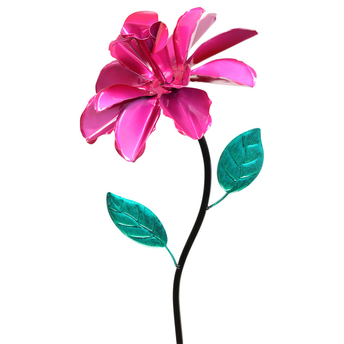 Rose Flower Wind Spinner Garden Stake, Hand Painted in Metallic Pink, 8 by 39 Inches