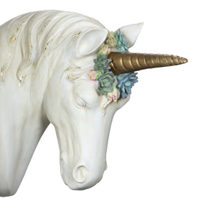 Hand Painted Faux Taxidermy Unicorn with Succulent Adorned Head and Gold Horn Hanging Wall Art, 14 Inch | Exhart