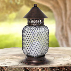 10 inch Battery Powered Bronze Lantern with LED Candle - with timer Tall Mesh Pattern
