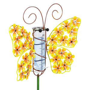 Solar Metal and Glass Yellow Butterfly Rain Gauge Garden Stake, 12 by 40 Inches | Shop Garden Decor by Exhart