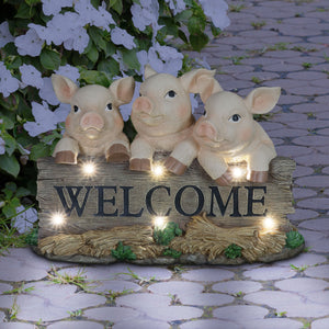 Solar Hand Painted Pigs on a Welcome Log Garden Statue, 12.5 by 8 Inches | Shop Garden Decor by Exhart