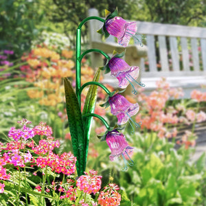 Solar Iridescent Glass Garden Stake with Four Cascading Pink Bell Flowers, 8 by 34 Inches