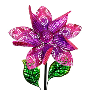 Exhart Dual Layer Purple Flower Wind Spinner Garden Stake, with Solid and Metal Lace Petals, 15 by 52 Inches