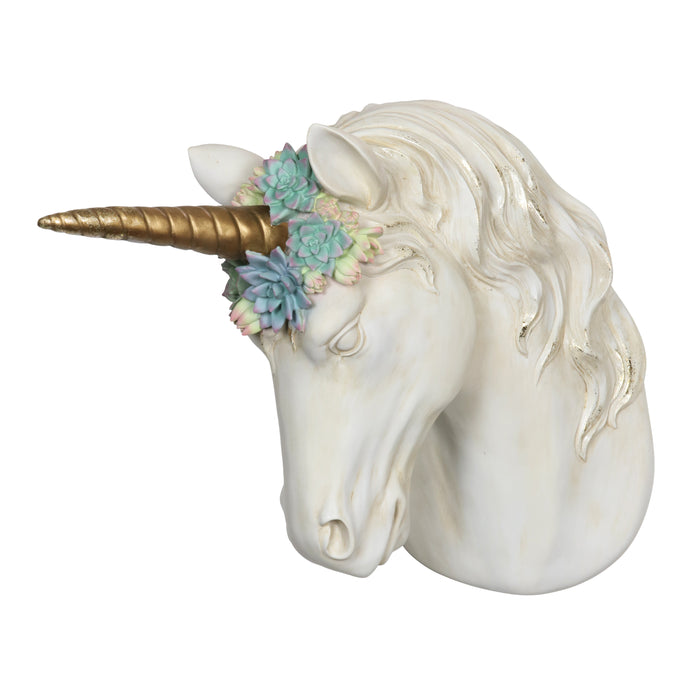 Hand Painted Faux Taxidermy Unicorn with Succulent Adorned Head and Gold Horn Hanging Wall Art, 14 Inch