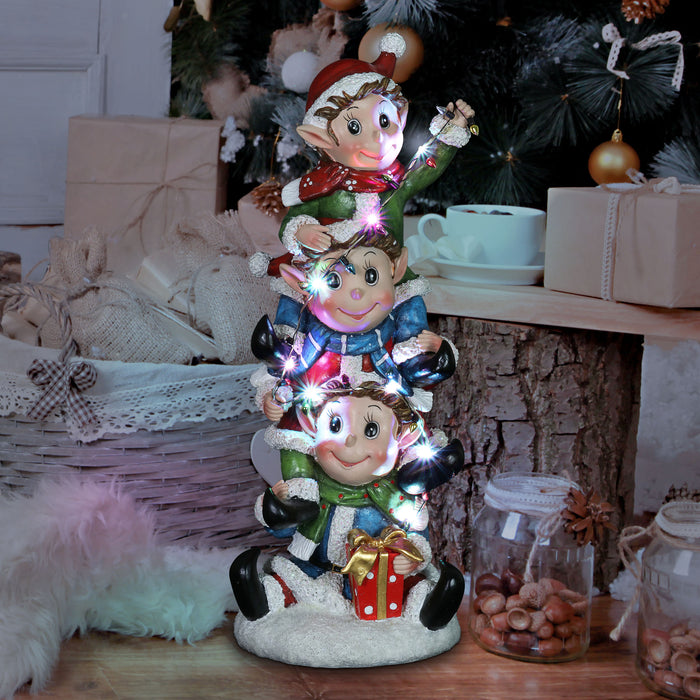 Hand Painted Stacked Christmas Elves with LED Lights Statuary on a Battery Powered Timer, 14 Inch