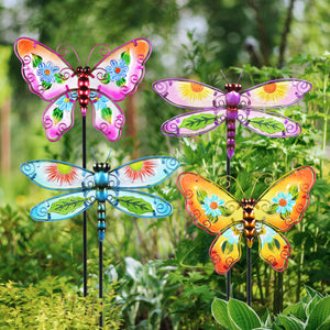 Set of 4 Painted Glass and Metal Butterfly and Dragonfly Garden Stakes, 9 Inch | Shop Garden Decor by Exhart