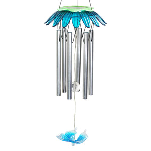Solar LED Blue Flower Hanging Wind Chime with Butterfly Charm, 7 by 27.5 Inches | Shop Garden Decor by Exhart