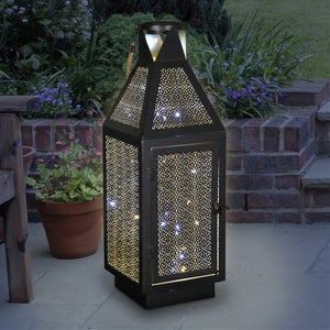 Black Metal Filigree Lantern with Fifty LED Lights on a Battery Timer, 22 Inch | Shop Garden Decor by Exhart