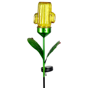 Solar Yellow Cactus Garden Stake with 3 LED lights, 5 by 32 Inches | Shop Garden Decor by Exhart