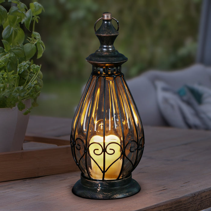 Clear Glass Teardrop Shape Lantern with LED Candle on a Timer, 12 Inch