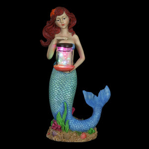 Solar Mermaid Garden Statue Holding a Glass Jar with Six LED Fairy Firefly String Lights, 4 by 14 inches | Exhart