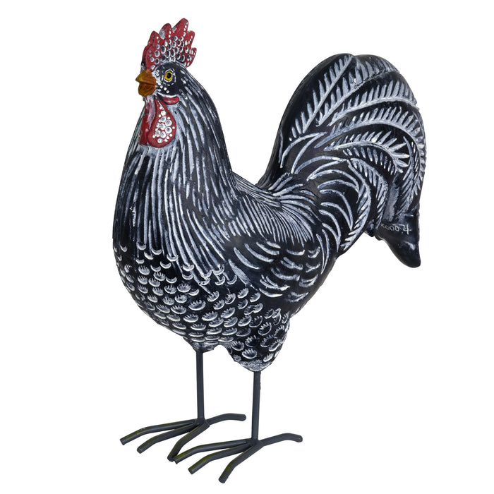 Black and White Stripe Pattern Hand Painted Rooster Garden Statue, 12 Inch